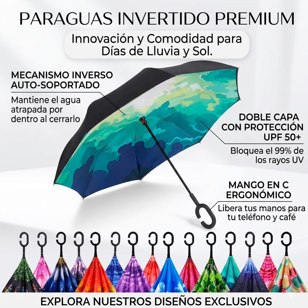 Paraguas invertido con mango en C: mantén tus manos siempre libres